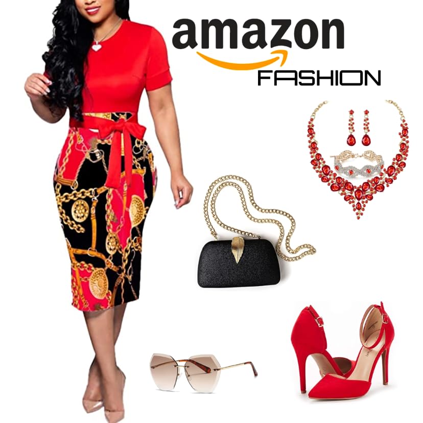 Red &amp; Black Chain Elegant Dress Set #amazonfashion