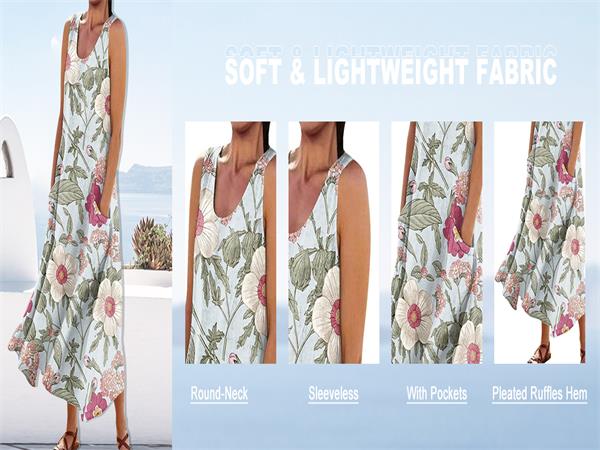 Womens Casual Sleeveless Summer Pleated Sundresses with Pockets