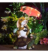 GIGALUMI Solar Garden Statue Outdoor Decor, Rabbit Siting on Turtle Holding an Umbrella with Stri...