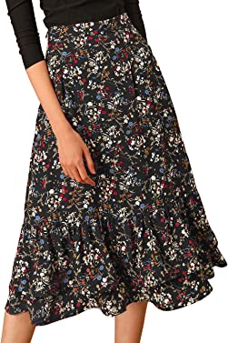 Allegra K Women's Printed Skirt Chiffon Elastic Waist Ruffle Tiered Flowy Midi Skirts