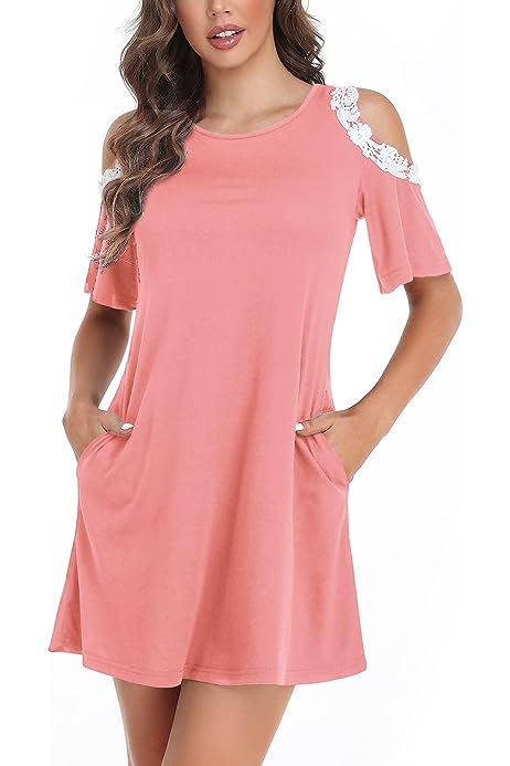 Women Cold Shoulder Dress Floral Printed Short Sleeve Sundress with Pocket