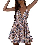HUANKD Women''s Outfits Summer Sexy Backless Suspender Printed Dress Sundresses Casual Beach