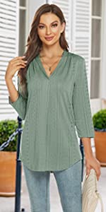3/4 Sleeve Shirts for Women, V Neck Eyelet Tunic Tops Dressy Casual Business Work Blouses
